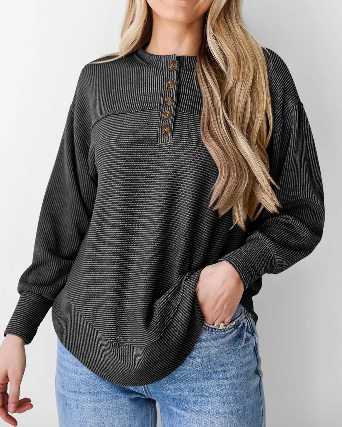 KIRUNDO Spring Tops for Women Henley Shirts 2025 Ribbed Knit Long Sleeve Tunic Button V Neck Loose Casual Blouse Clothing