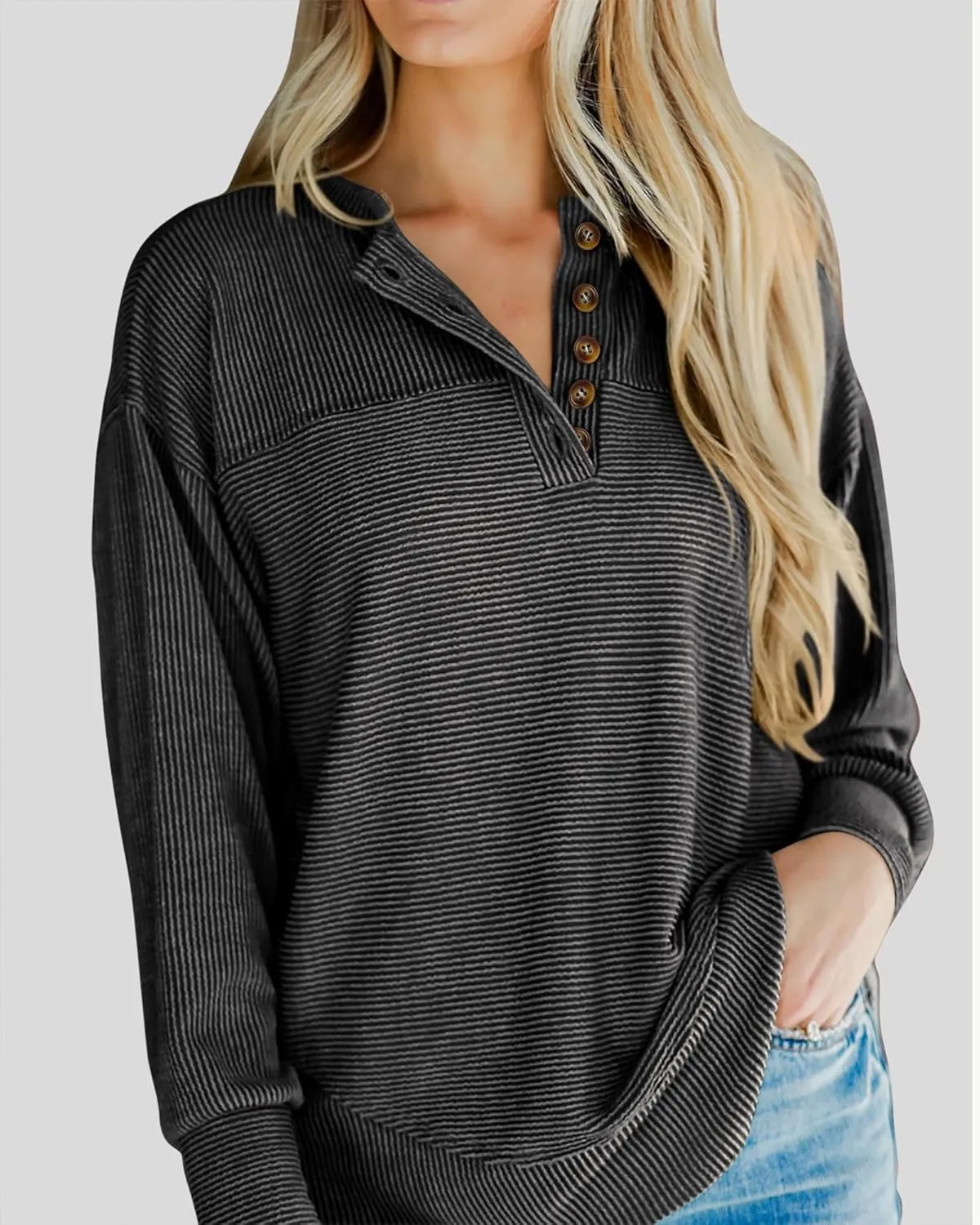 KIRUNDO Spring Tops for Women Henley Shirts 2025 Ribbed Knit Long Sleeve Tunic Button V Neck Loose Casual Blouse Clothing
