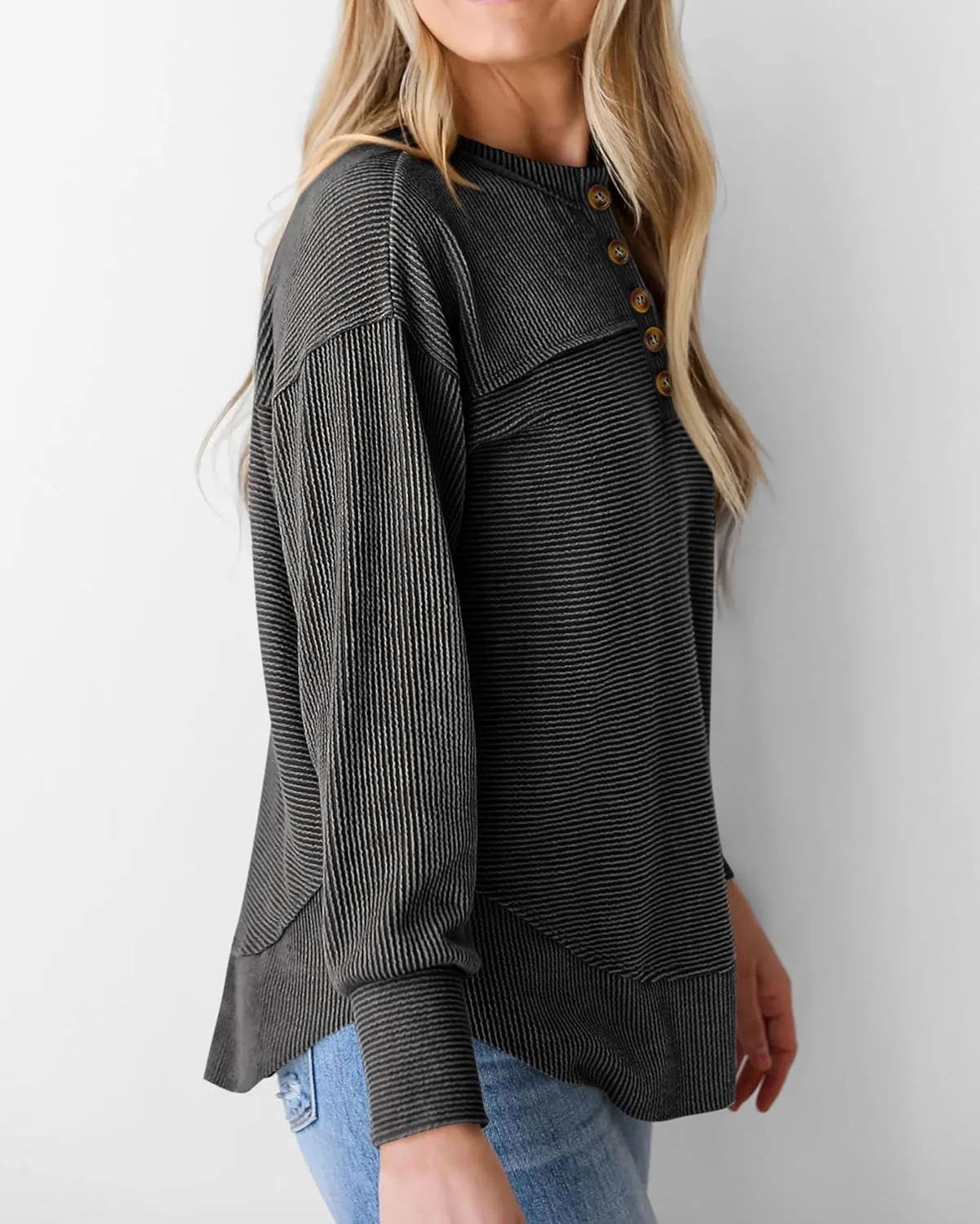 KIRUNDO Spring Tops for Women Henley Shirts 2025 Ribbed Knit Long Sleeve Tunic Button V Neck Loose Casual Blouse Clothing