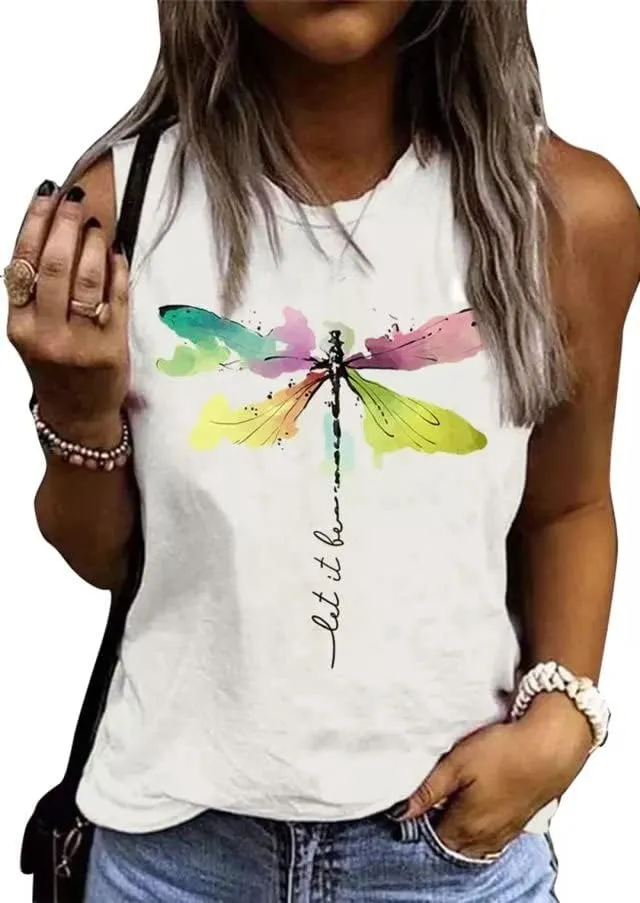 Let It Be Abstract Dragonfly Tank Tops Women Dragonfly Graphic Sleeveless Vacation Casual Tee Tops