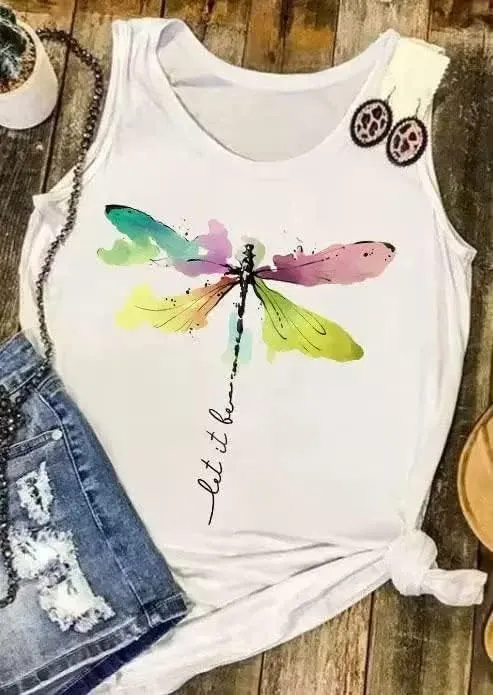 Let It Be Abstract Dragonfly Tank Tops Women Dragonfly Graphic Sleeveless Vacation Casual Tee Tops
