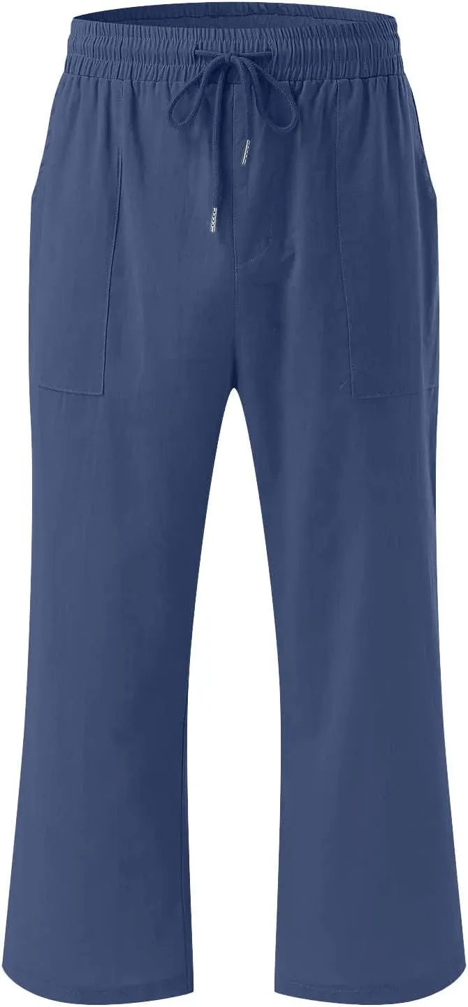 Linen Capri Pants for Women Casual 2025 Summer Drawstring Elastic High Waist Capris Wide Leg Cropped Trousers