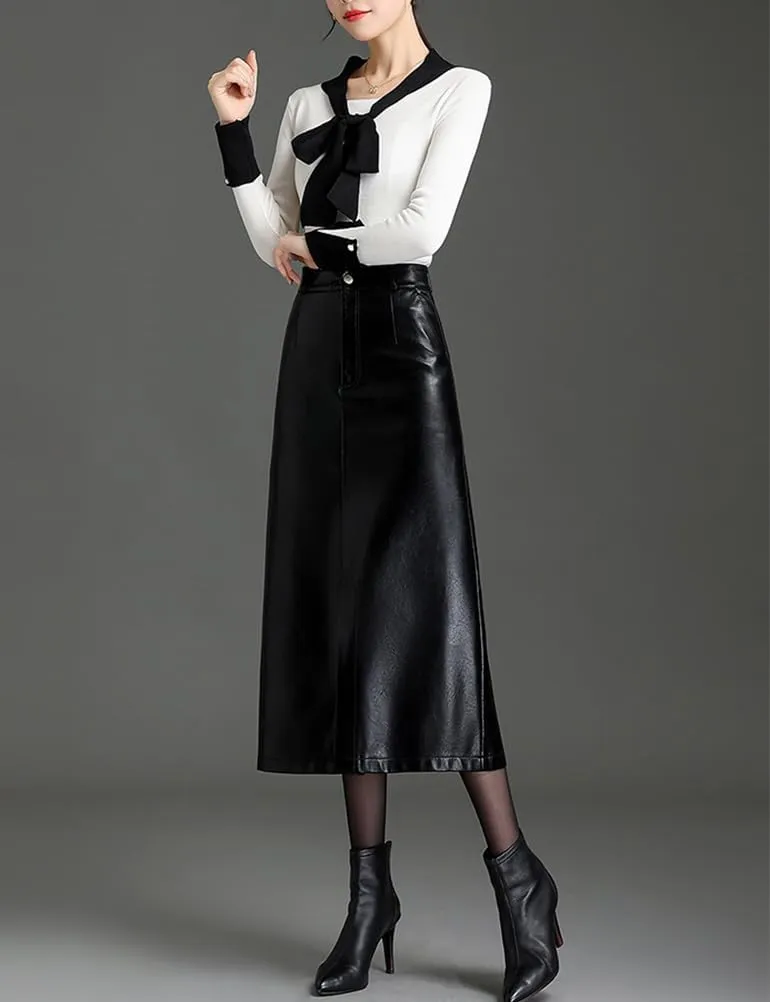 Long Leather Skirts for Women Casual High Waisted Fall Winter Bodycon Midi Skirt with Slit
