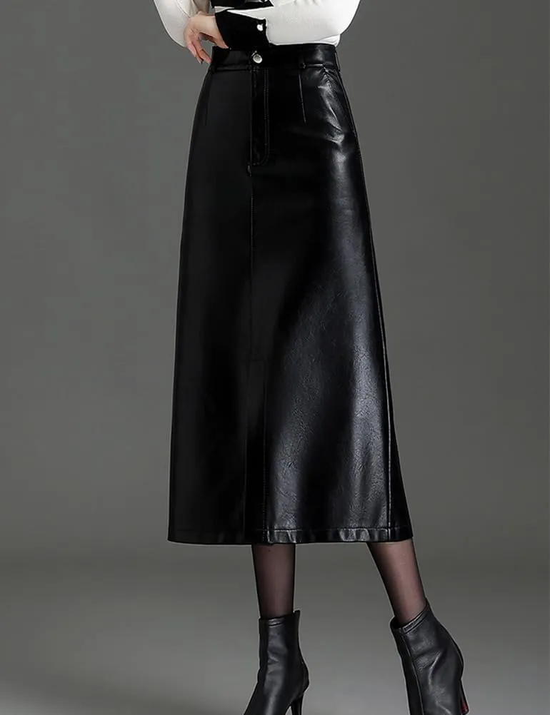 Long Leather Skirts for Women Casual High Waisted Fall Winter Bodycon Midi Skirt with Slit