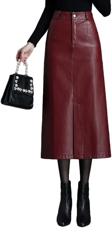 Long Leather Skirts for Women Casual High Waisted Fall Winter Bodycon Midi Skirt with Slit