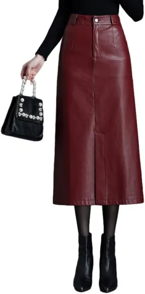 Long Leather Skirts for Women Casual High Waisted Fall Winter Bodycon Midi Skirt with Slit