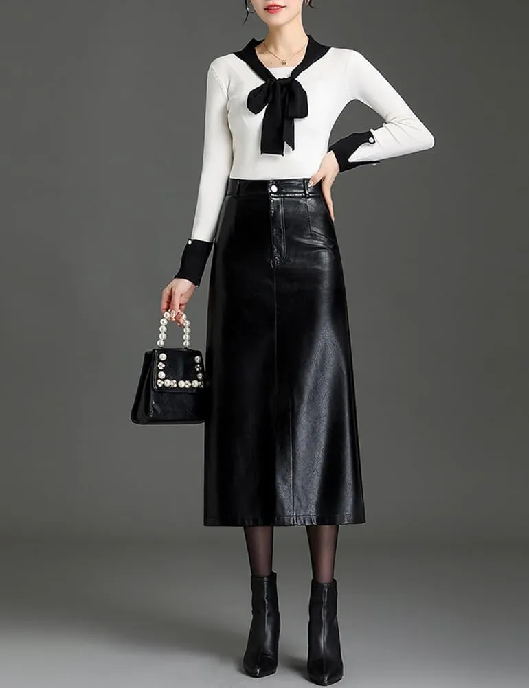 Long Leather Skirts for Women Casual High Waisted Fall Winter Bodycon Midi Skirt with Slit