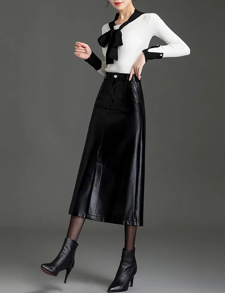 Long Leather Skirts for Women Casual High Waisted Fall Winter Bodycon Midi Skirt with Slit
