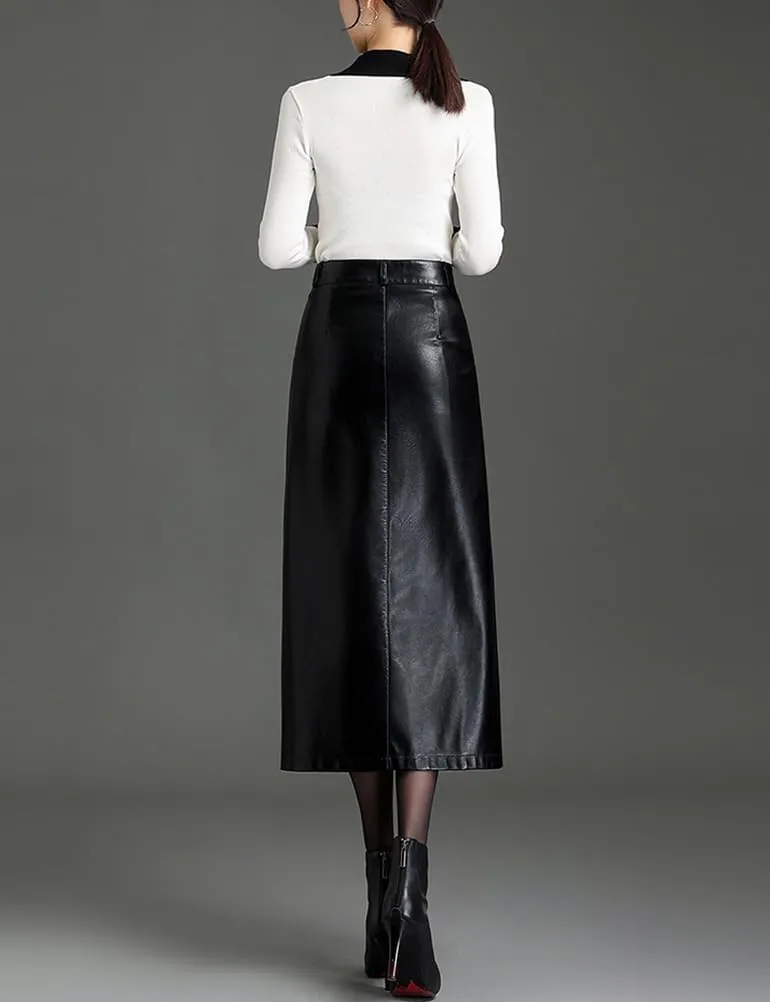 Long Leather Skirts for Women Casual High Waisted Fall Winter Bodycon Midi Skirt with Slit