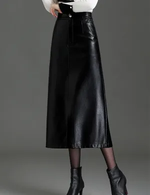 Long Leather Skirts for Women Casual High Waisted Fall Winter Bodycon Midi Skirt with Slit