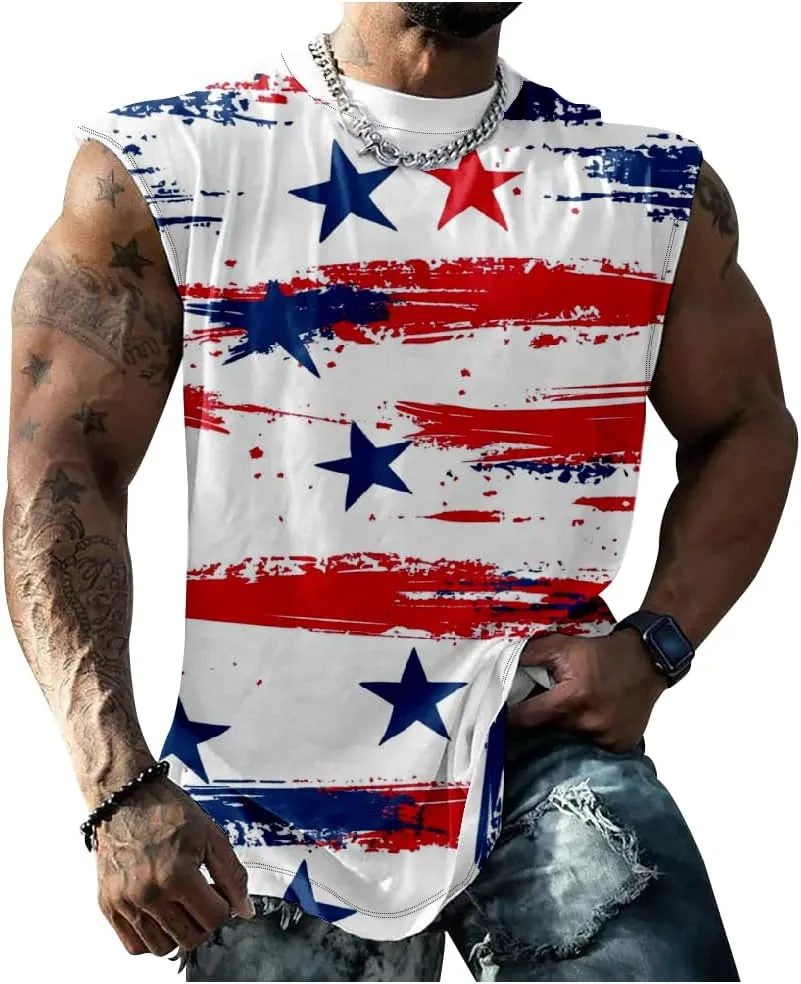 Mens Cotton Muscle Tank Tops American Flag Sleeveless Shirt Tops Oversized Sport Workout Crewneck Summer Top