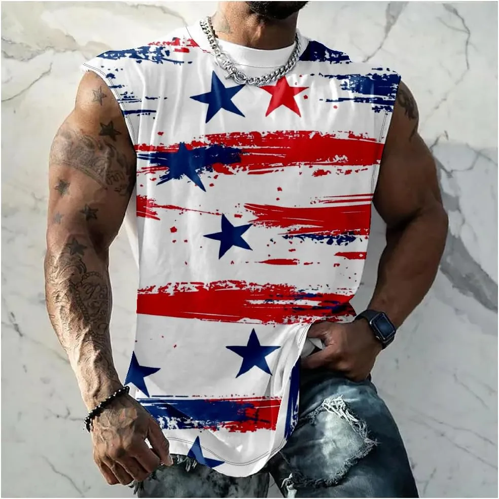 Mens Cotton Muscle Tank Tops American Flag Sleeveless Shirt Tops Oversized Sport Workout Crewneck Summer Top