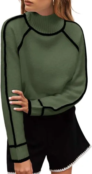 MEROKEETY Women's Mock Neck Pullover Sweater Long Sleeve Color Block Chunky Knit 2024 Trendy Winter Clothes