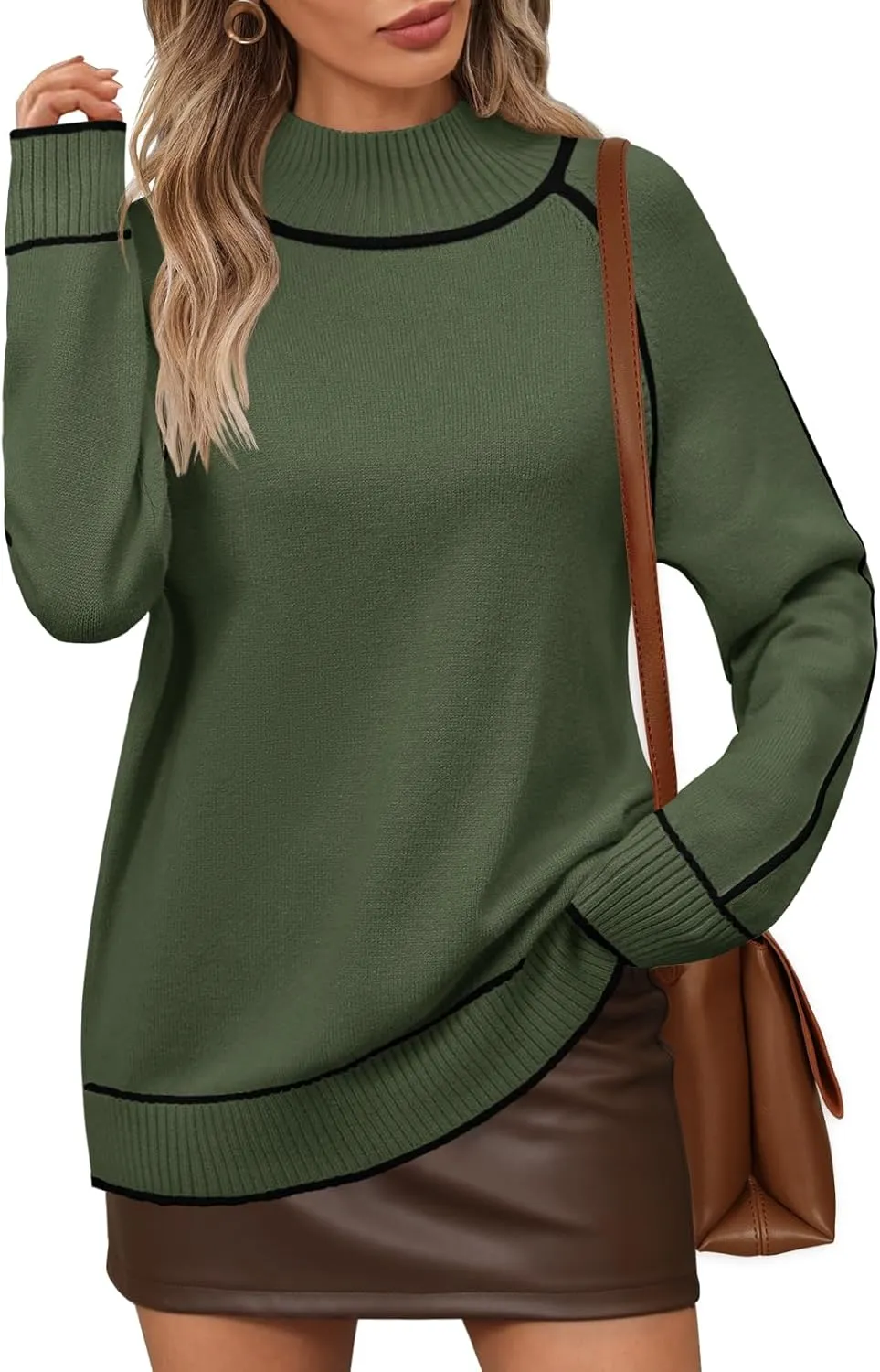 MEROKEETY Women's Mock Neck Pullover Sweater Long Sleeve Color Block Chunky Knit 2024 Trendy Winter Clothes
