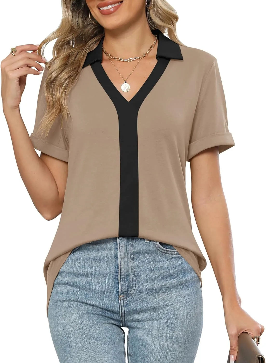 Micoson Womens Polo Shirts Dressy V Neck Business Casual Tops Lapel Collar Short Sleeve Summer Shirts Loose Fit Work Blouses