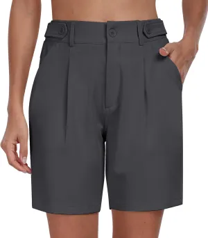 MoFiz Women's Shorts Dressy Casual Business Work Shorts Elastic Waist Straight Leg Pleated Summer Bermuda Shorts with Pockets