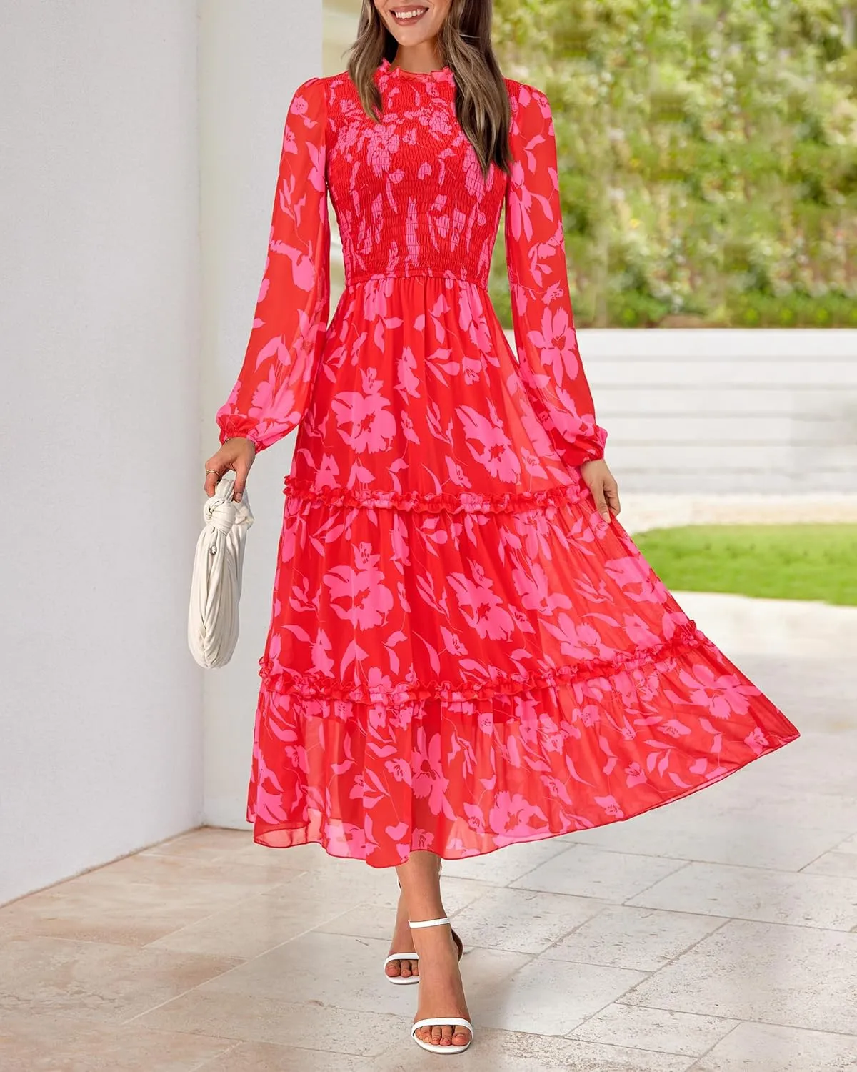 NOLLSOM Women 2025 Spring Dress Floral Boho Dress Casual Long Sleeve Crew Neck Ruffle A-Line Flowy Wedding Guest Maxi Dresses