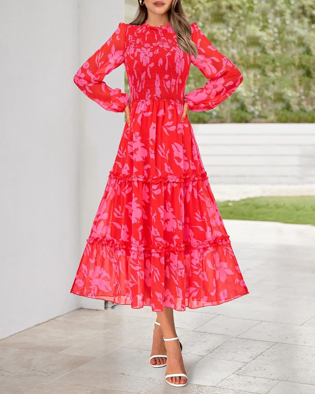 NOLLSOM Women 2025 Spring Dress Floral Boho Dress Casual Long Sleeve Crew Neck Ruffle A-Line Flowy Wedding Guest Maxi Dresses