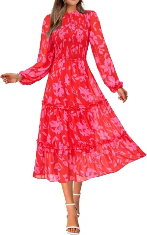 NOLLSOM Women 2025 Spring Dress Floral Boho Dress Casual Long Sleeve Crew Neck Ruffle A-Line Flowy Wedding Guest Maxi Dresses