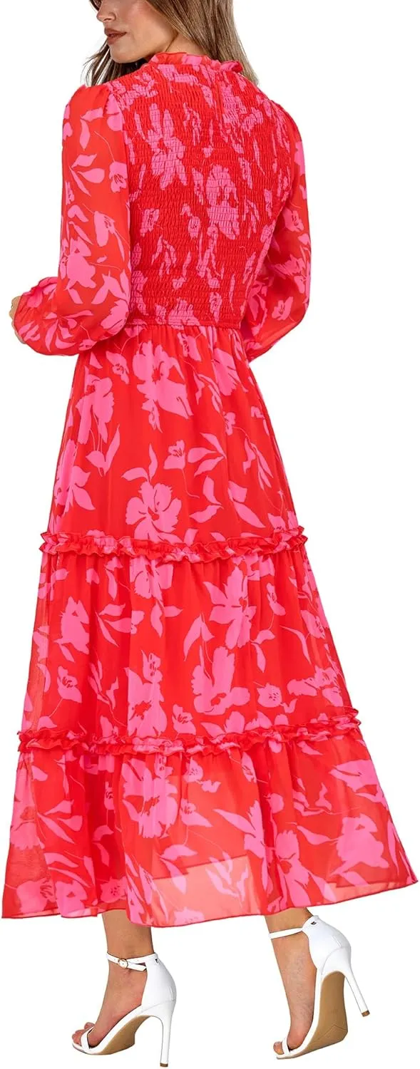 NOLLSOM Women 2025 Spring Dress Floral Boho Dress Casual Long Sleeve Crew Neck Ruffle A-Line Flowy Wedding Guest Maxi Dresses