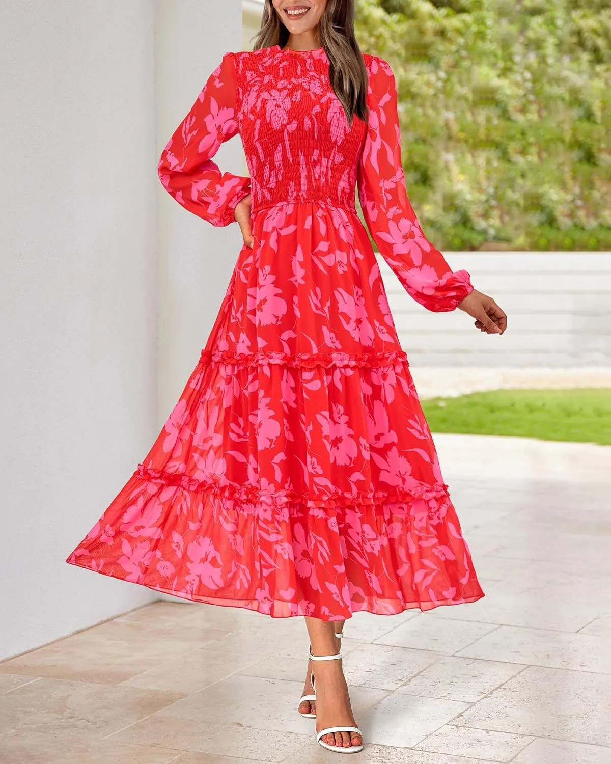 NOLLSOM Women 2025 Spring Dress Floral Boho Dress Casual Long Sleeve Crew Neck Ruffle A-Line Flowy Wedding Guest Maxi Dresses