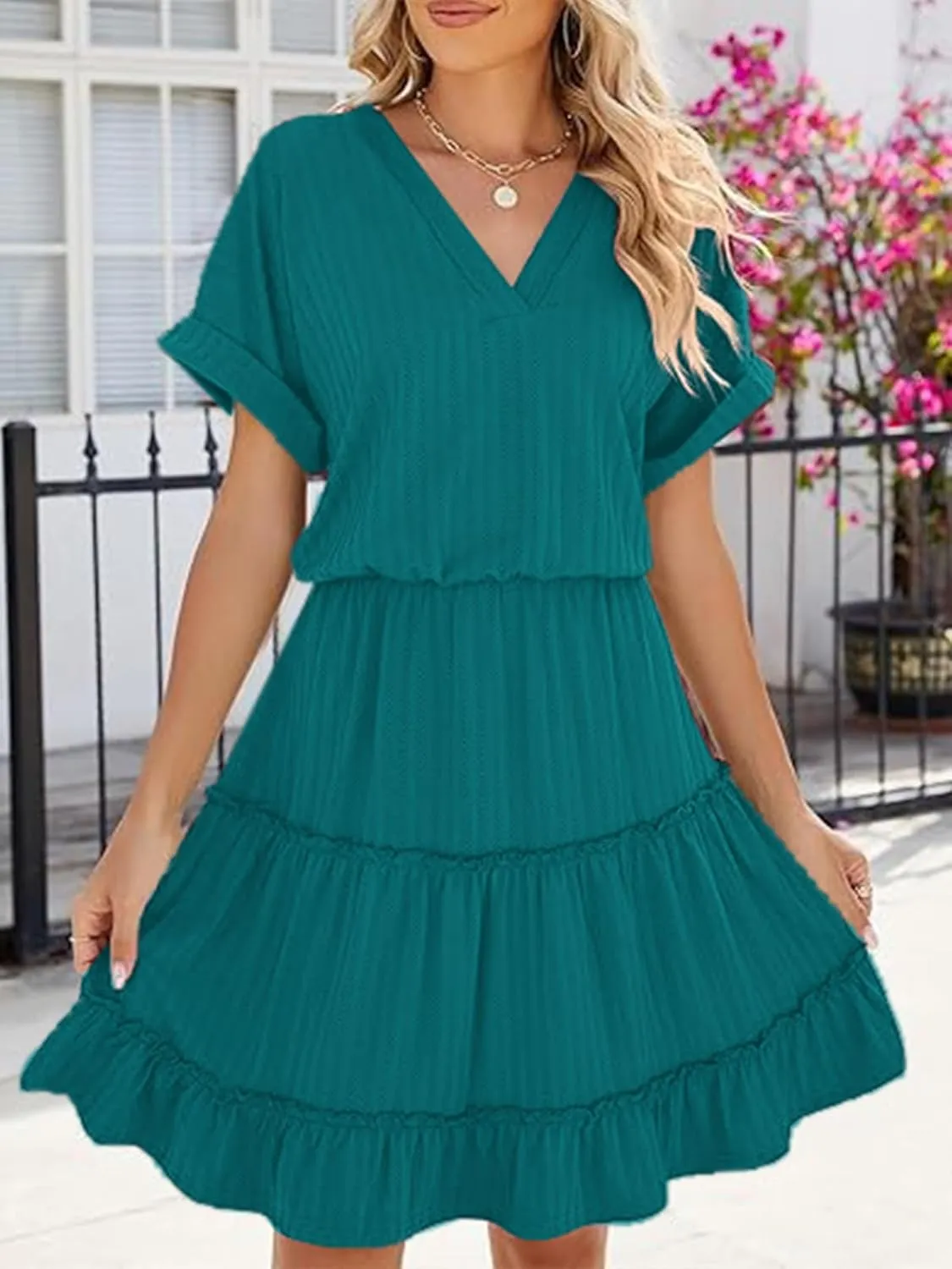 PerZeal Women's Casual V Neck Short Sleeve Tiered Dress Ruffle Hem A-Line Flowy Swing Midi Dresses