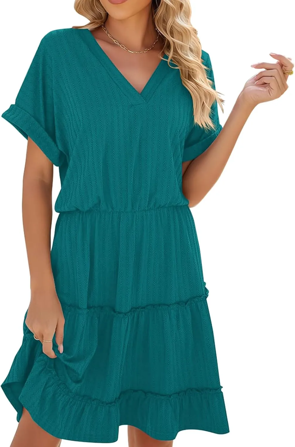 PerZeal Women's Casual V Neck Short Sleeve Tiered Dress Ruffle Hem A-Line Flowy Swing Midi Dresses