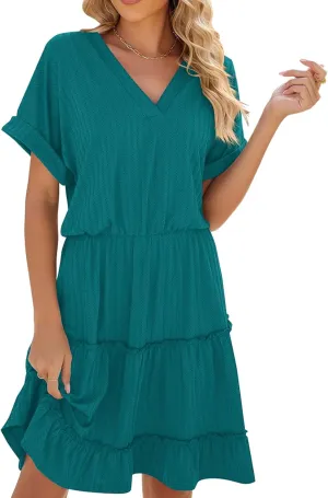PerZeal Women's Casual V Neck Short Sleeve Tiered Dress Ruffle Hem A-Line Flowy Swing Midi Dresses