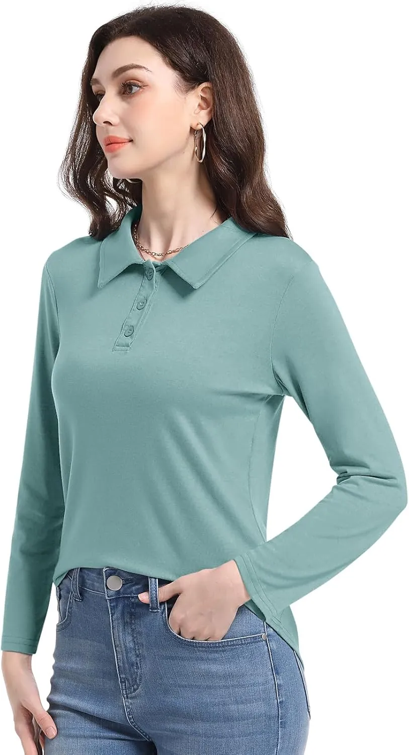 PGANDS Women's Long Sleeve Collared Polo Shirts V Neck Button Down Casual Tops