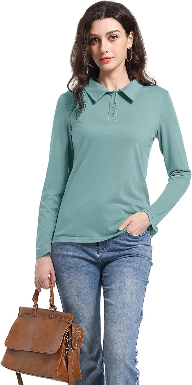 PGANDS Women's Long Sleeve Collared Polo Shirts V Neck Button Down Casual Tops
