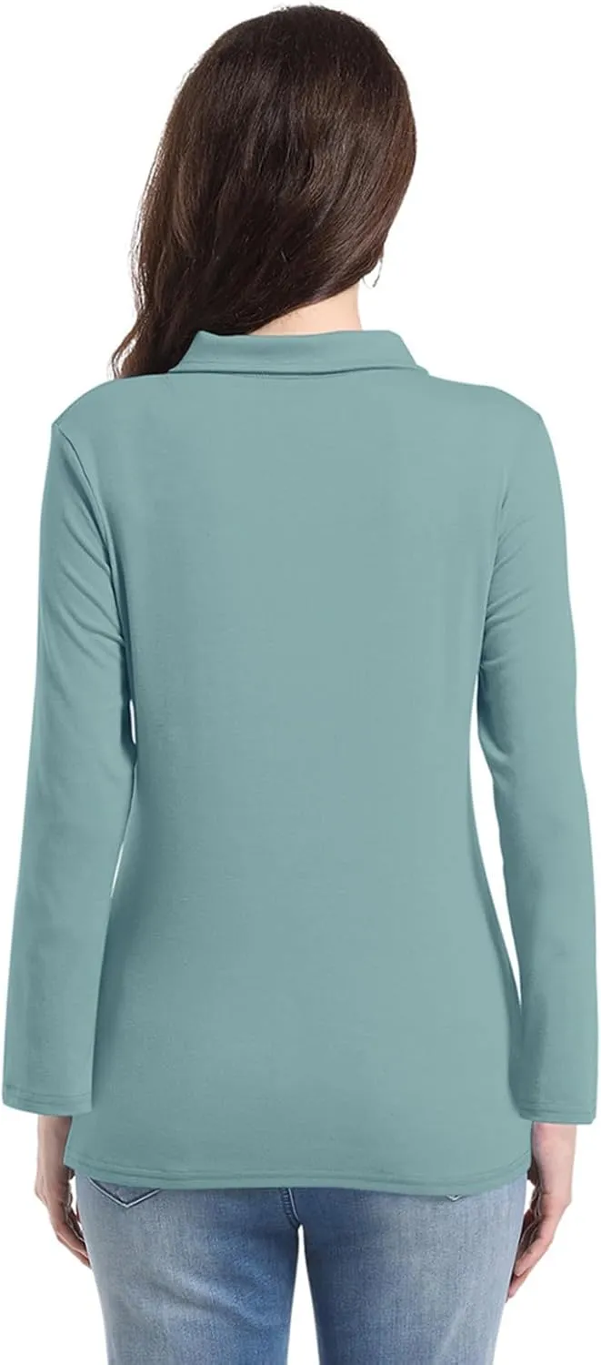 PGANDS Women's Long Sleeve Collared Polo Shirts V Neck Button Down Casual Tops