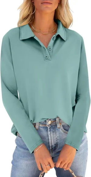 PGANDS Women's Long Sleeve Collared Polo Shirts V Neck Button Down Casual Tops