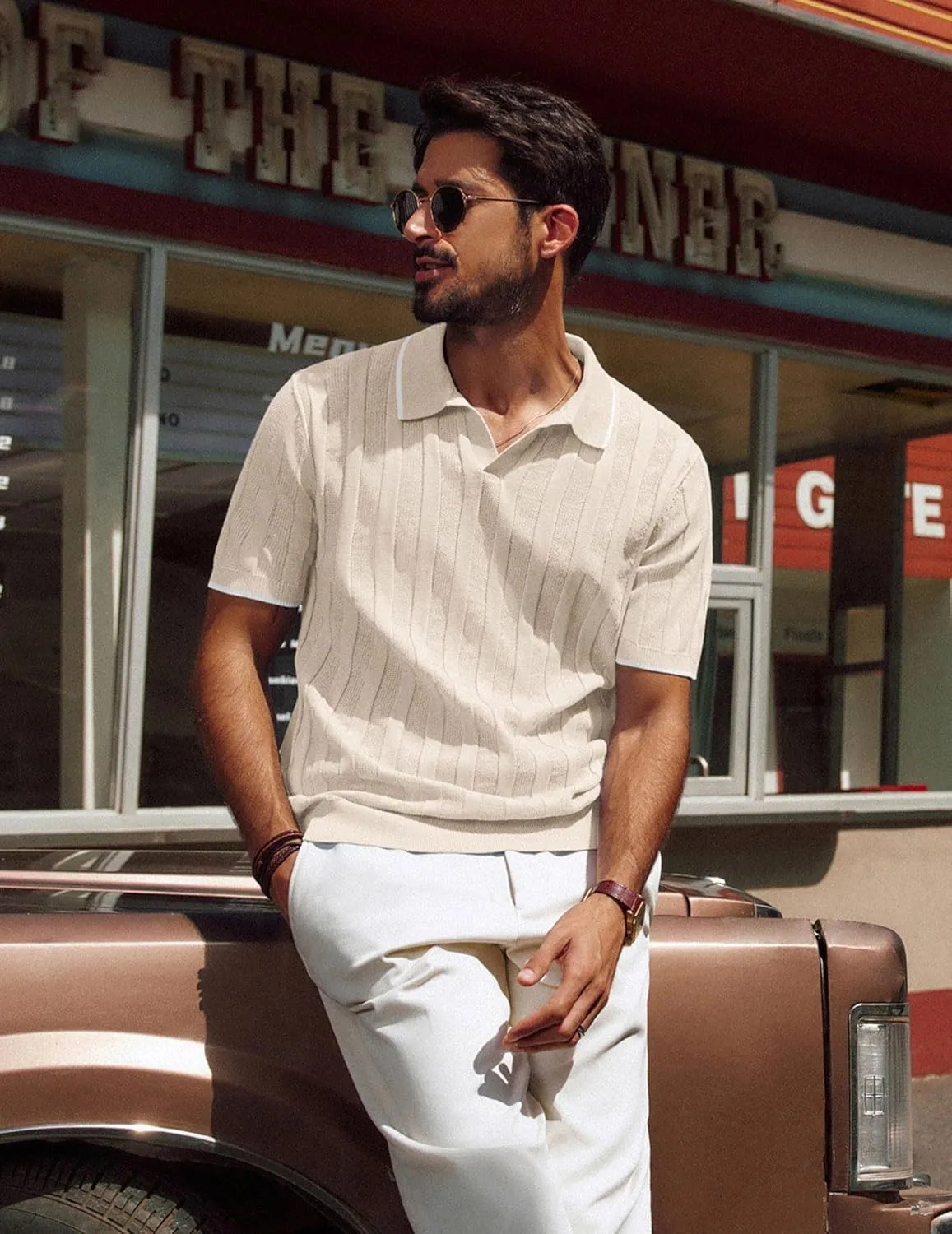 PJ PAUL JONES Mens Polo Shirts Textured Knit V-Neck Summer Shirts