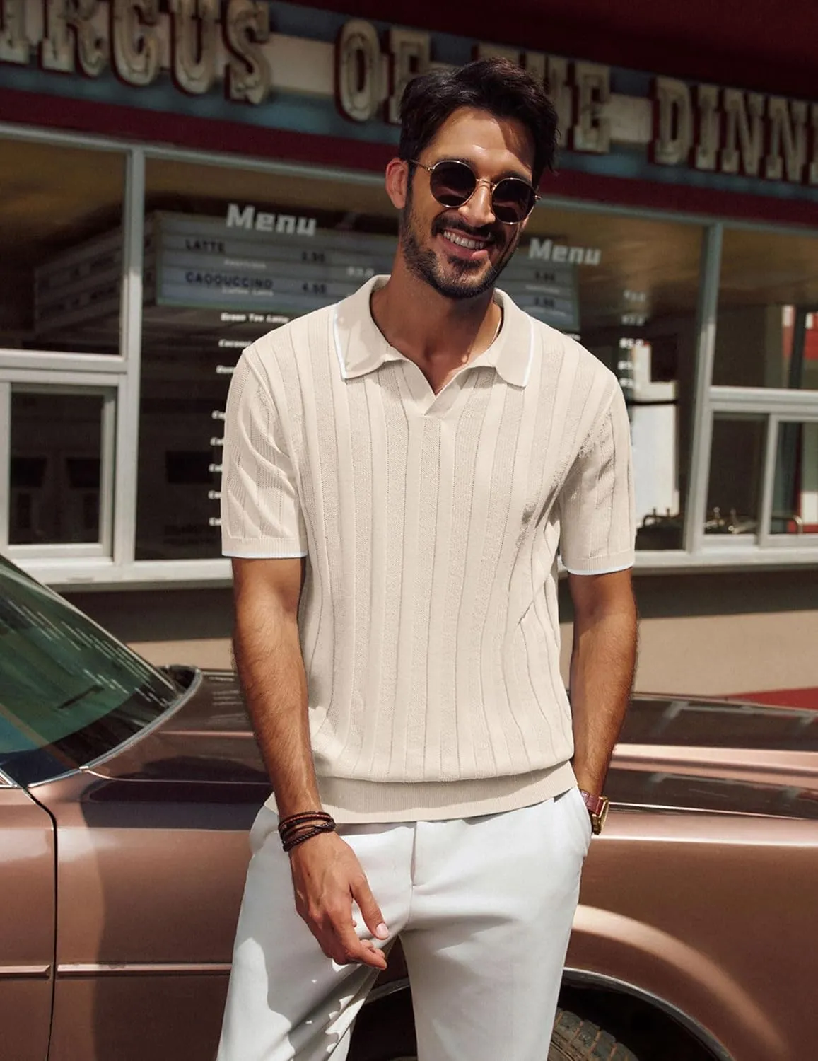PJ PAUL JONES Mens Polo Shirts Textured Knit V-Neck Summer Shirts