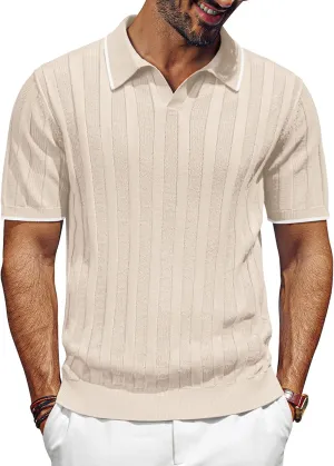 PJ PAUL JONES Mens Polo Shirts Textured Knit V-Neck Summer Shirts