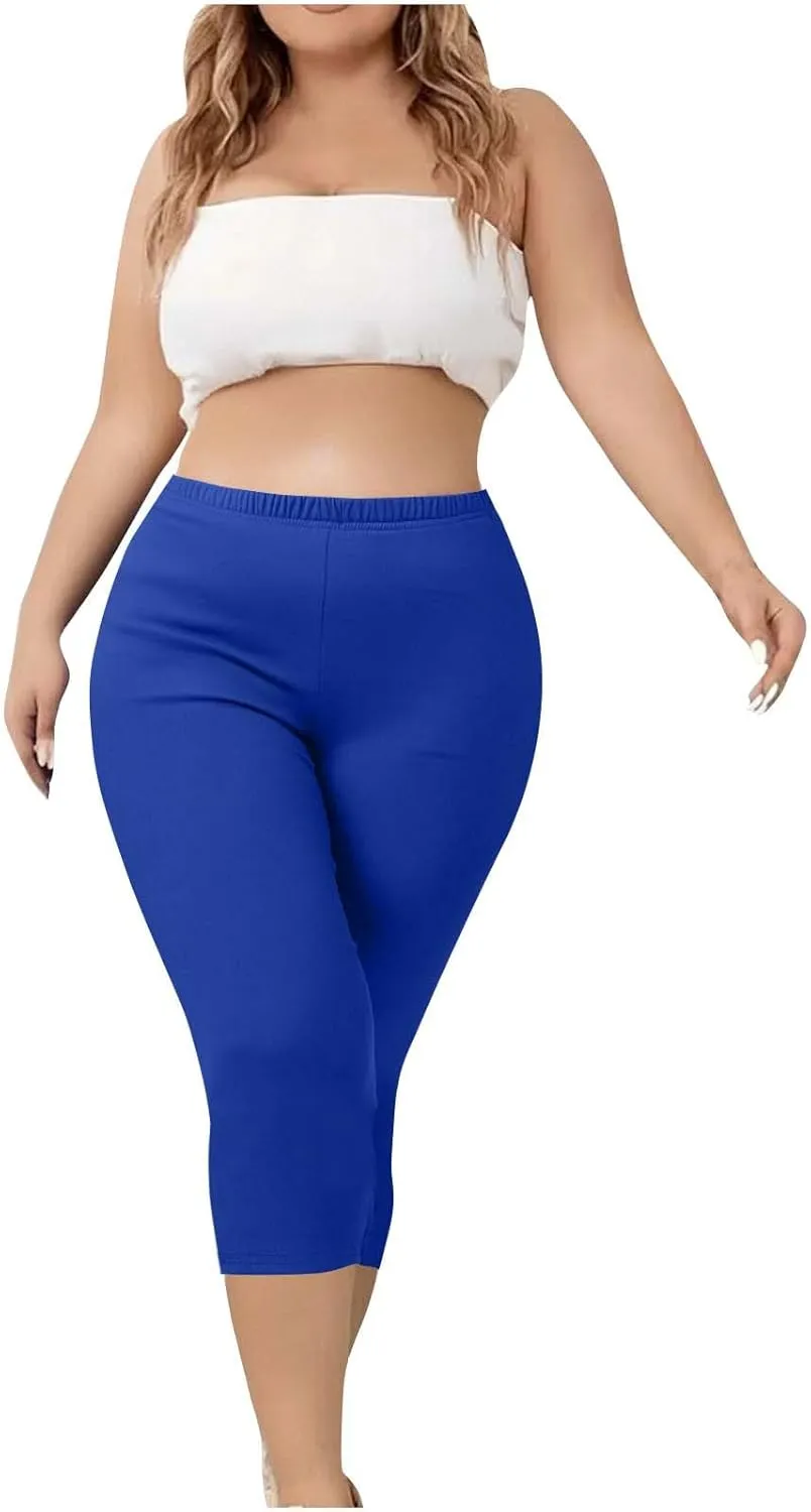 Plus Size Capri Leggings for Women Tummy Control Stretchy Yoga Pant Elastic Waist Workout Pants Sporty Travel Outfits