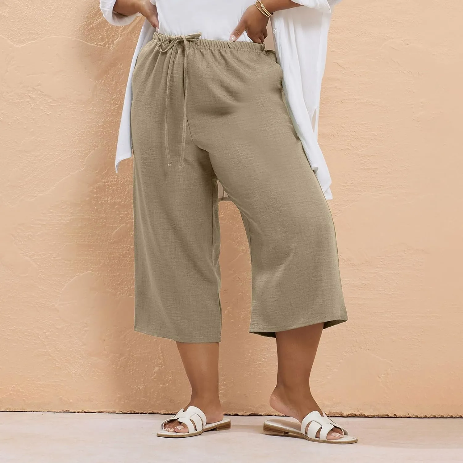 Plus Size Linen Pants for Women Baggy Drawstring High Waisted Wide Leg Pants with Pockets Pull On Capris for Summer