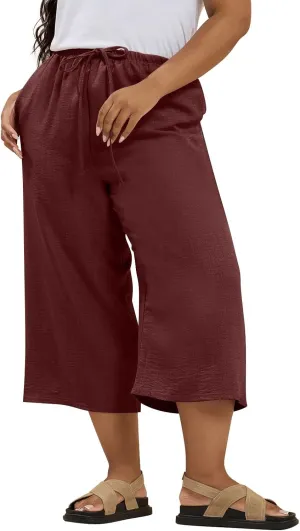 Plus Size Linen Pants for Women Baggy Drawstring High Waisted Wide Leg Pants with Pockets Pull On Capris for Summer