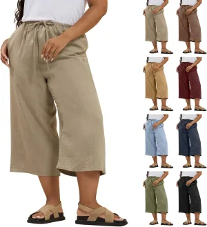 Plus Size Linen Pants for Women Baggy Drawstring High Waisted Wide Leg Pants with Pockets Pull On Capris for Summer