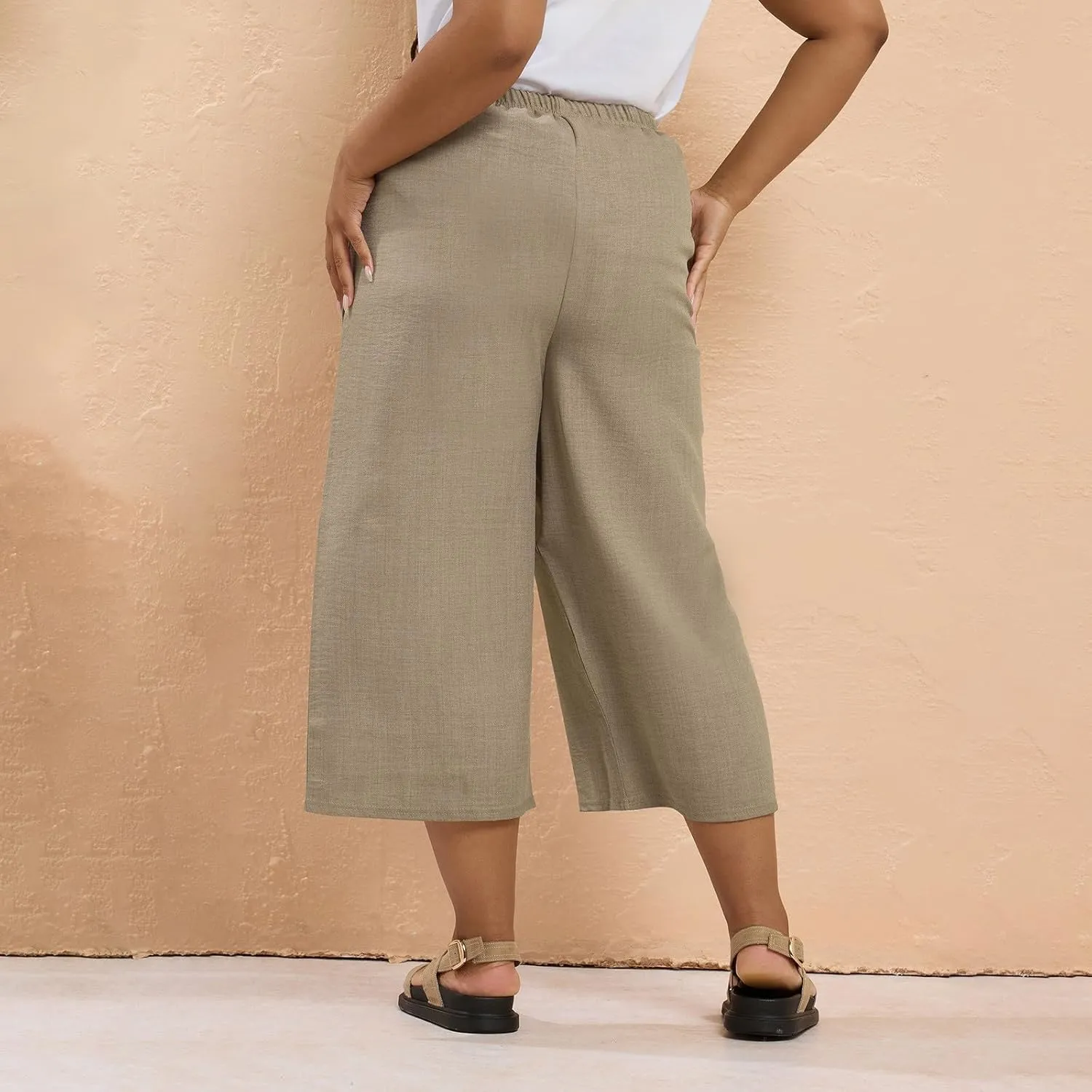 Plus Size Linen Pants for Women Baggy Drawstring High Waisted Wide Leg Pants with Pockets Pull On Capris for Summer