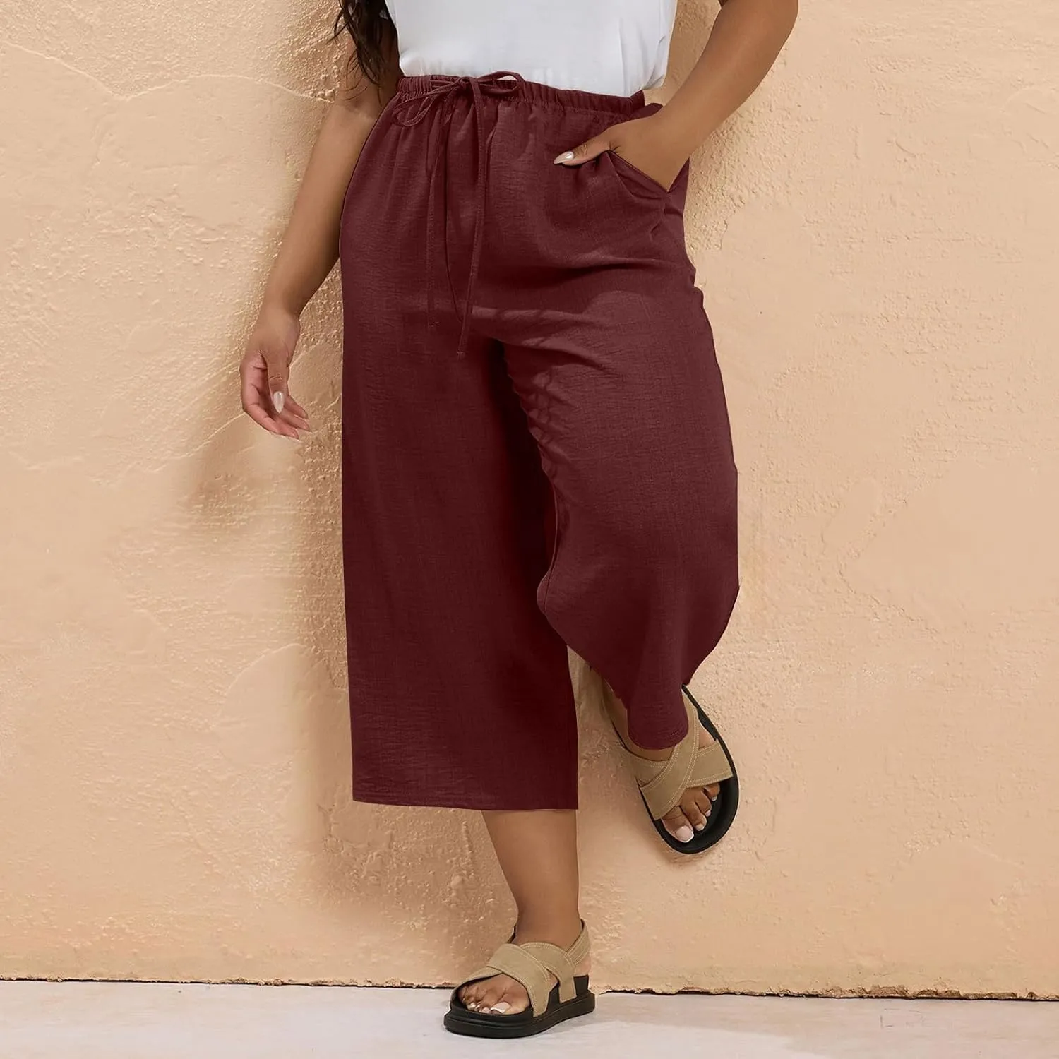 Plus Size Linen Pants for Women Baggy Drawstring High Waisted Wide Leg Pants with Pockets Pull On Capris for Summer