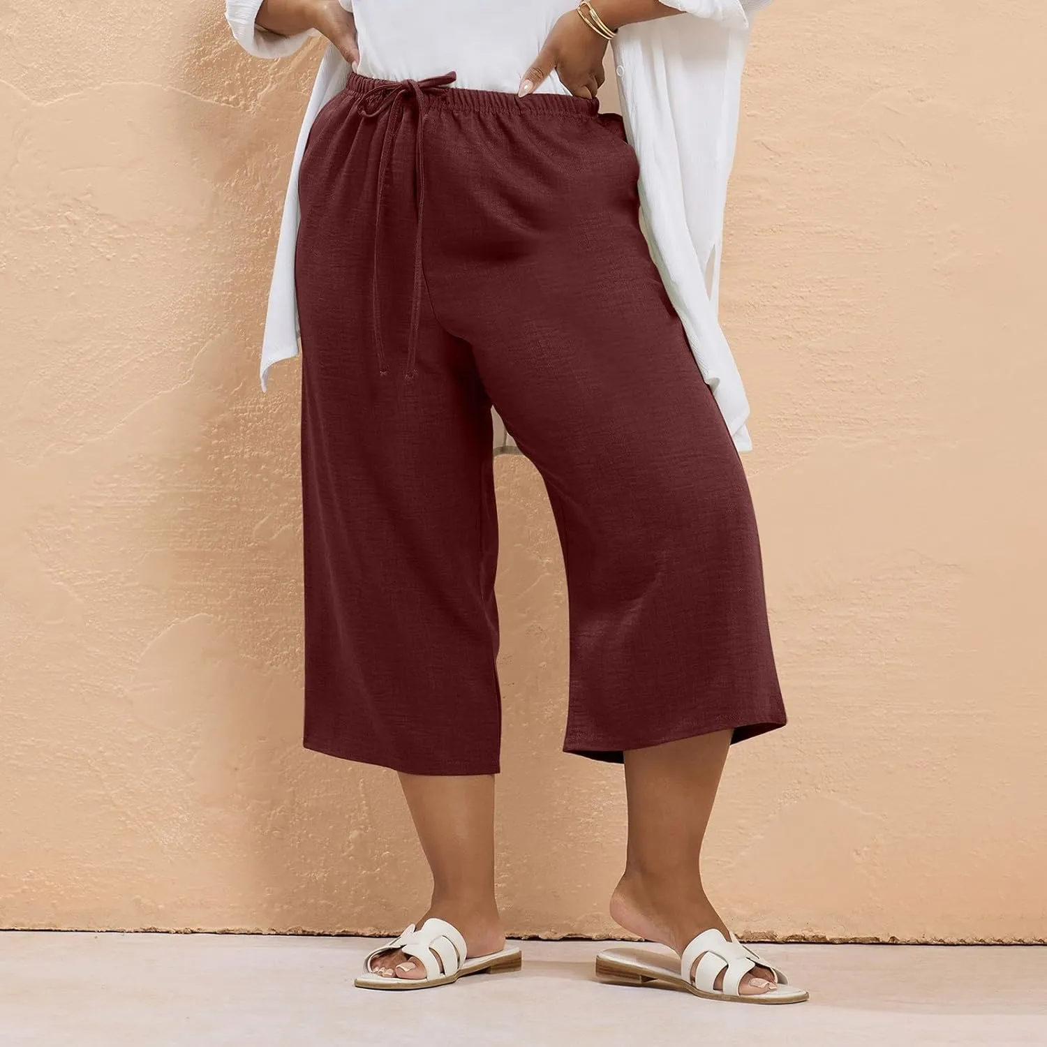 Plus Size Linen Pants for Women Baggy Drawstring High Waisted Wide Leg Pants with Pockets Pull On Capris for Summer