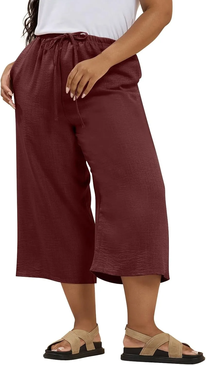 Plus Size Linen Pants for Women Baggy Drawstring High Waisted Wide Leg Pants with Pockets Pull On Capris for Summer