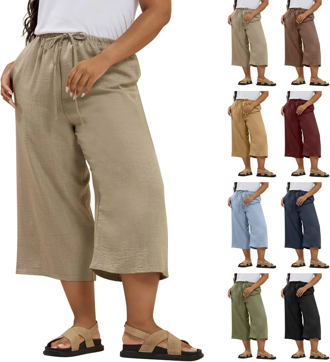 Plus Size Linen Pants for Women Baggy Drawstring High Waisted Wide Leg Pants with Pockets Pull On Capris for Summer