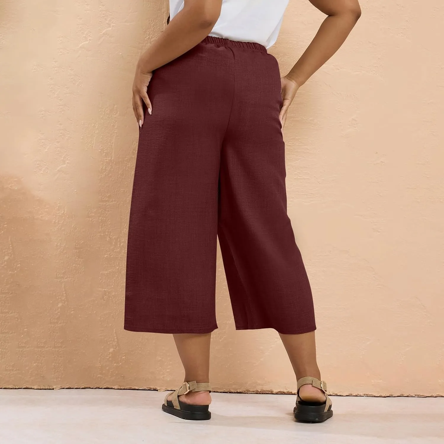 Plus Size Linen Pants for Women Baggy Drawstring High Waisted Wide Leg Pants with Pockets Pull On Capris for Summer