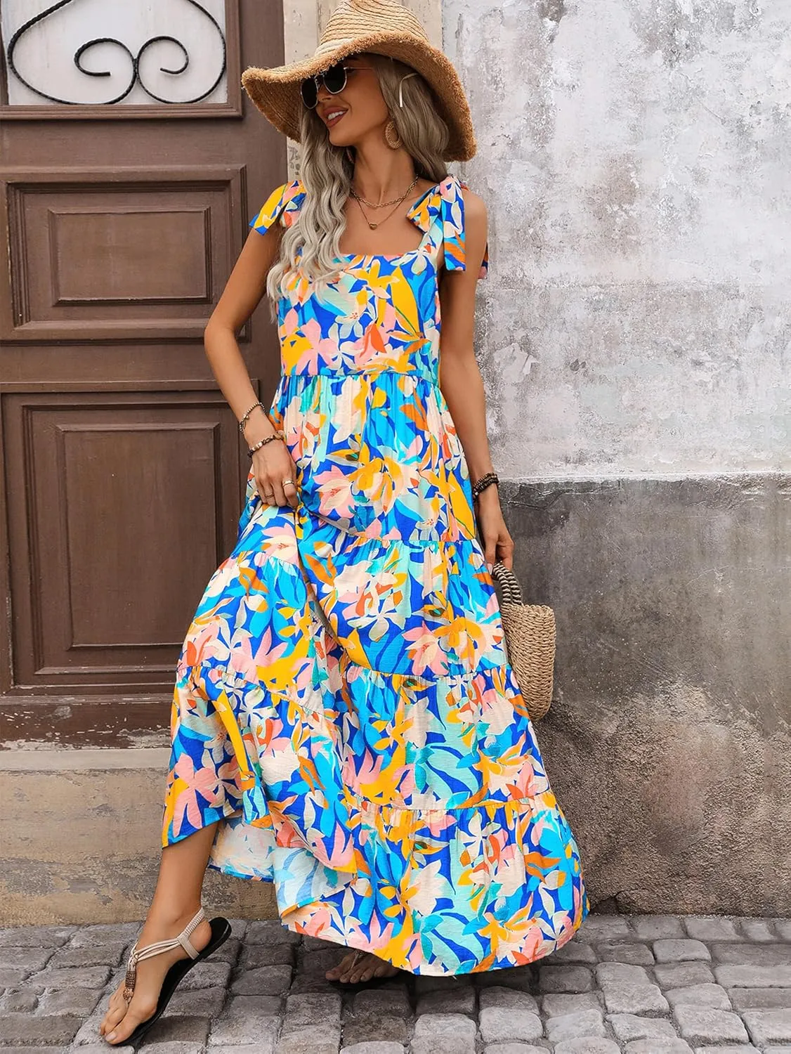 PRETTYGARDEN Women Dresses 2025 Summer Floral Sleeveless Maxi Dress Casual Spaghetti Strap Tiered Flowy Beach Long Dress
