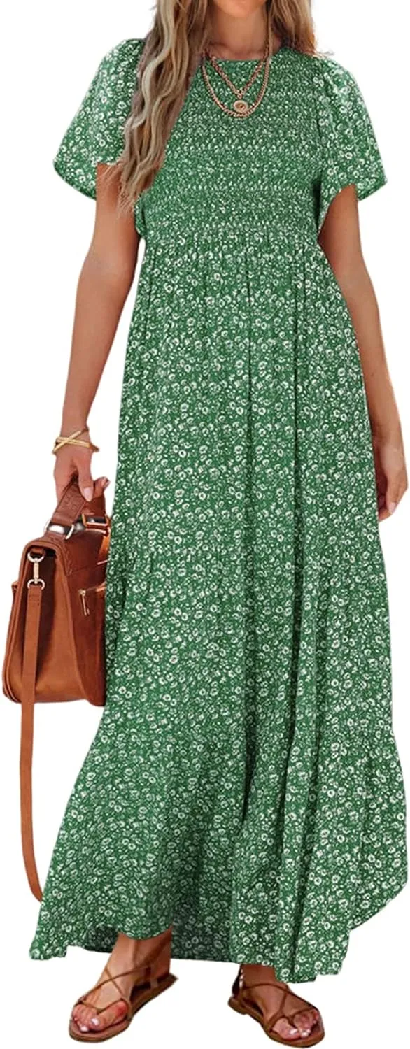PRETTYGARDEN Women's 2025 Summer Casual Flutter Short Sleeve Boho Floral Maxi Dress Crew Neck Smocked Tiered Long Dresses