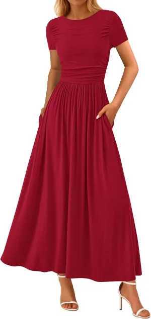 PRETTYGARDEN Women's Casual Dresses 2025 Summer Short Sleeve Ruched Patchwork A Line Pleated Swing Maxi Dress with Pockets