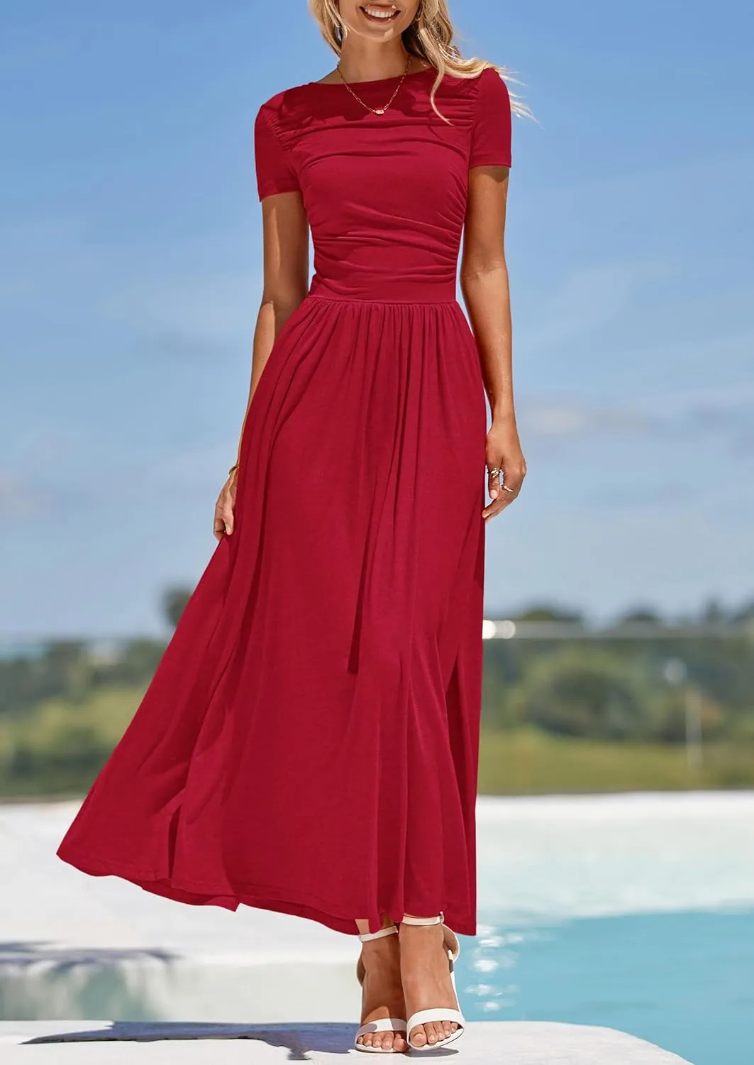 PRETTYGARDEN Women's Casual Dresses 2025 Summer Short Sleeve Ruched Patchwork A Line Pleated Swing Maxi Dress with Pockets