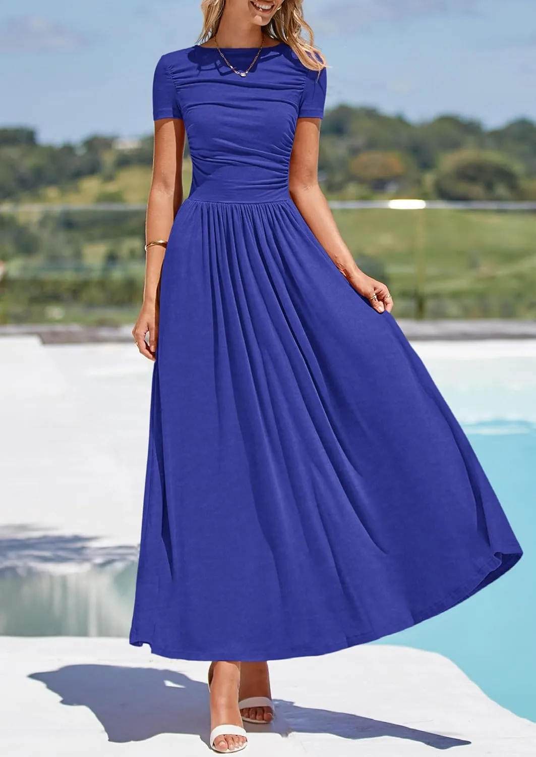 PRETTYGARDEN Women's Casual Dresses 2025 Summer Short Sleeve Ruched Patchwork A Line Pleated Swing Maxi Dress with Pockets